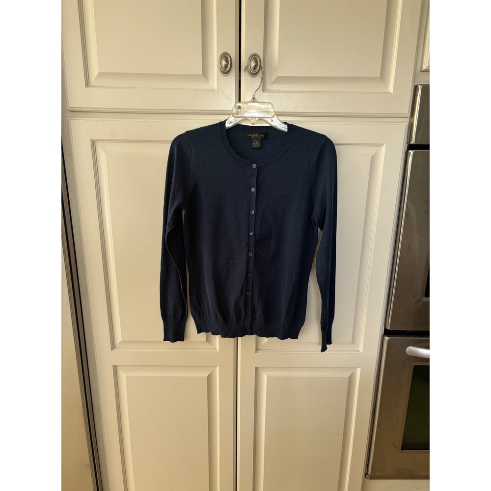 August Silk Navy Blue Silk Blend Button Front Crew Neck Cardigan Sweater Small